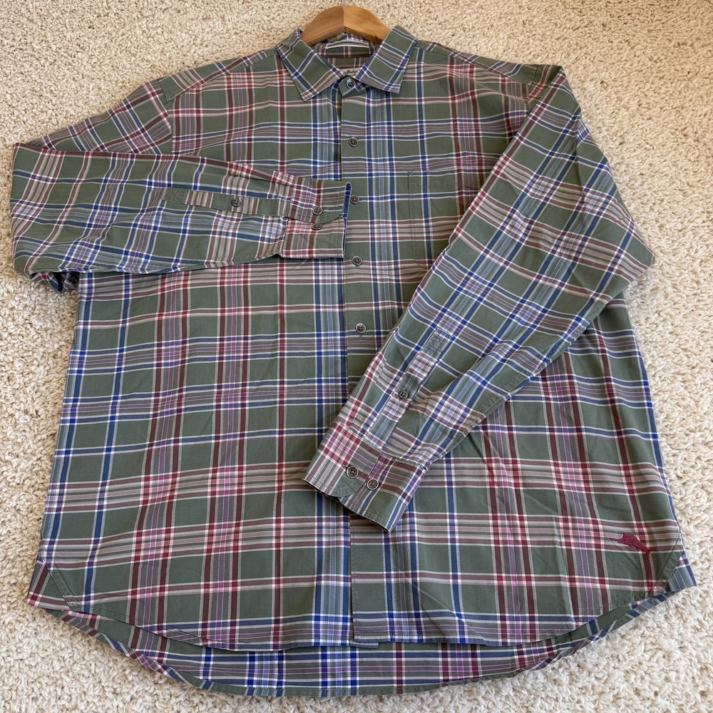 Tommy Bahama Plaid Button Down Mens XL Green Long Sleeve Excellent Cotton Shirt